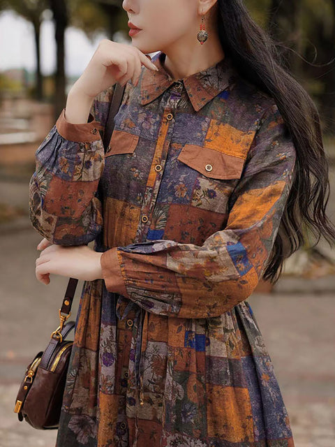 Vestido de lino con botones y flores de otoño estilo vintage para mujer