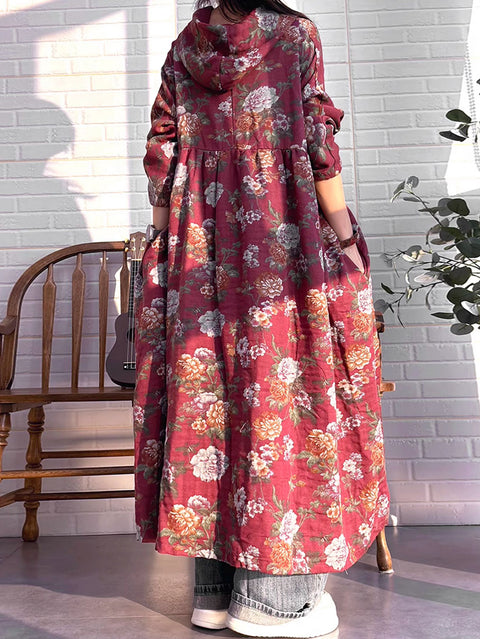 Vestido de lino con botones y flores de otoño estilo vintage para mujer