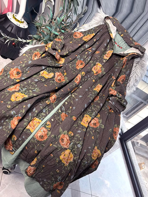 Vestido de lino con botones y flores de otoño estilo vintage para mujer