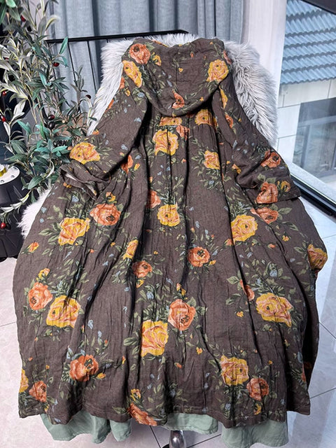 Vestido de lino con botones y flores de otoño estilo vintage para mujer