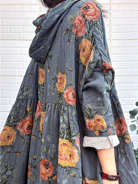 Vestido de lino con botones y flores de otoño estilo vintage para mujer