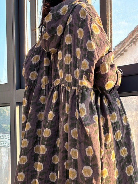 Vestido de lino con botones y flores de otoño estilo vintage para mujer