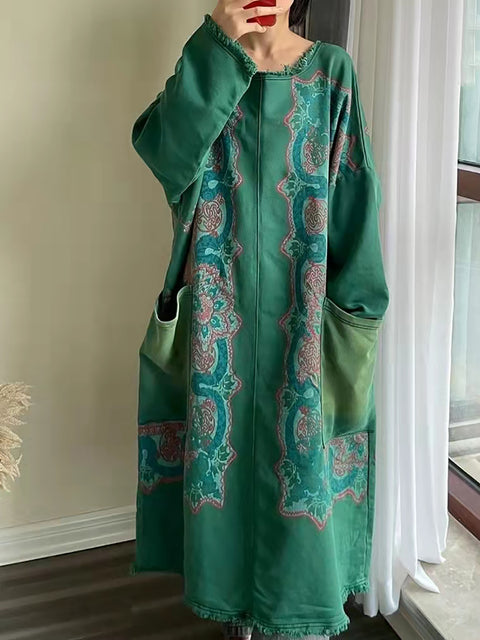 Vestido de lino con botones y flores de otoño estilo vintage para mujer