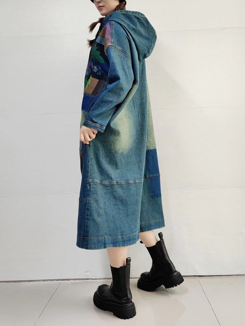 Women Autumn Vintage Flower Hooded Denim Long Coat