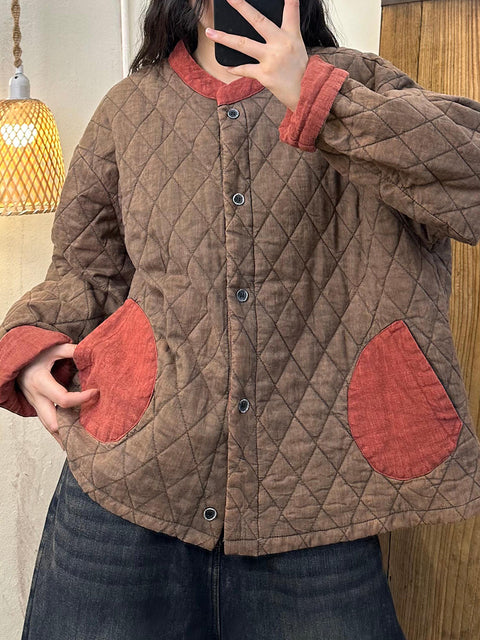 Abrigo de otoño vintage para mujer, con cuello alto y patchwork, 100 % algodón