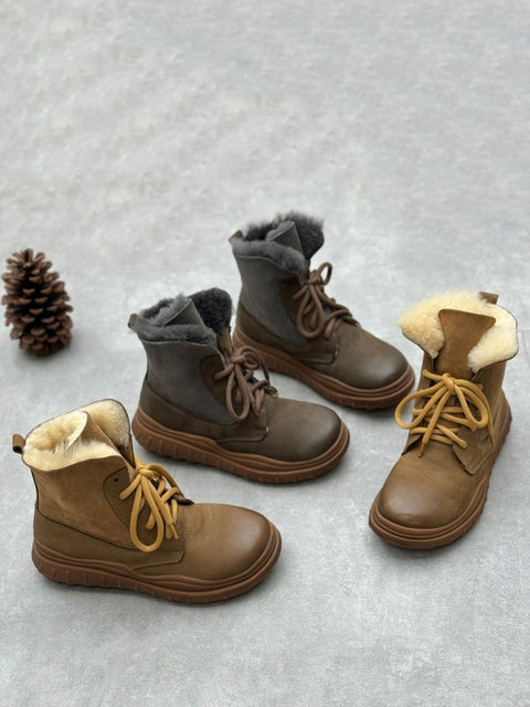 Women Winter Vintage Fleece-lined Leather Boots