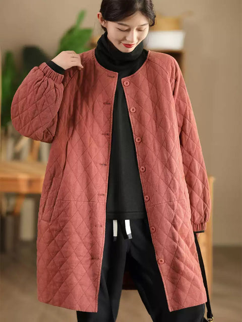 Women Autumn Casual Solid Rhomboid Linen Padded Coat