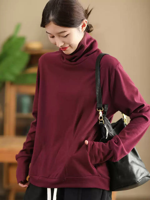 Camisa de cuello alto de polar cálida y sólida de otoño para mujer