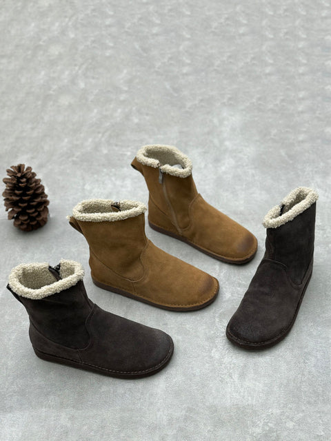 Botas planas de piel vintage con forro polar para mujer