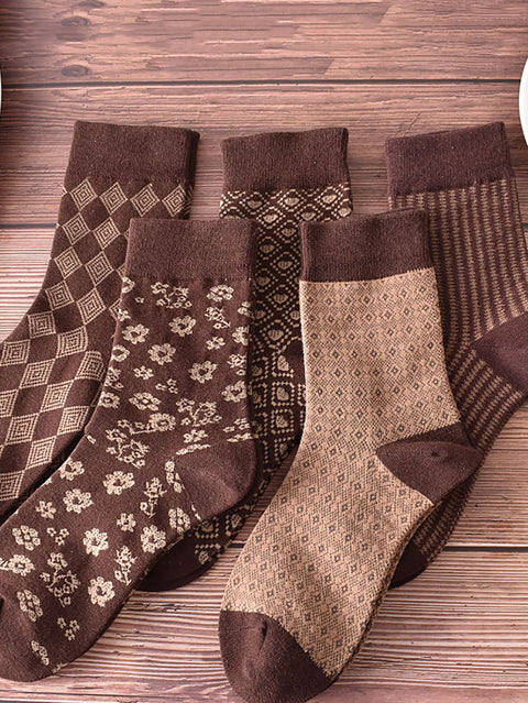 5 Pairs Women Coffee Geometric Flower Socks