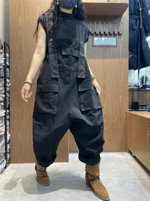 Women Vintage Solid Loose Cotton Jumpsuits