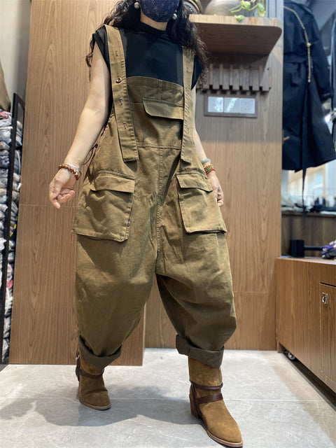 Women Vintage Solid Loose Cotton Jumpsuits