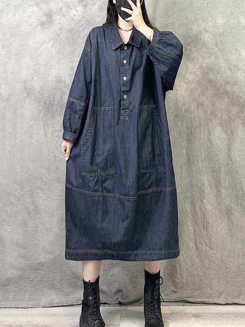 Women Autumn Retro Solid Turn-down Collar Denim Dress