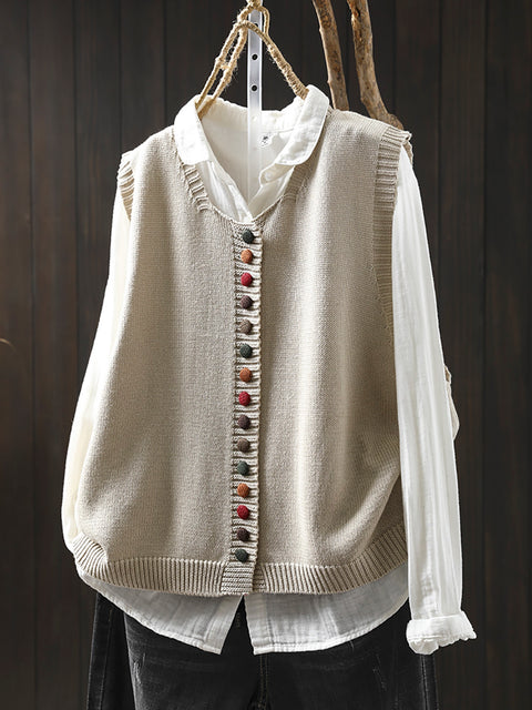 Women Casual Autumn Wool O-Neck Colorful Button Knit Vest