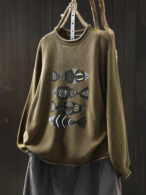 Women Autumn Artsy Fish Print O-Neck Sweater