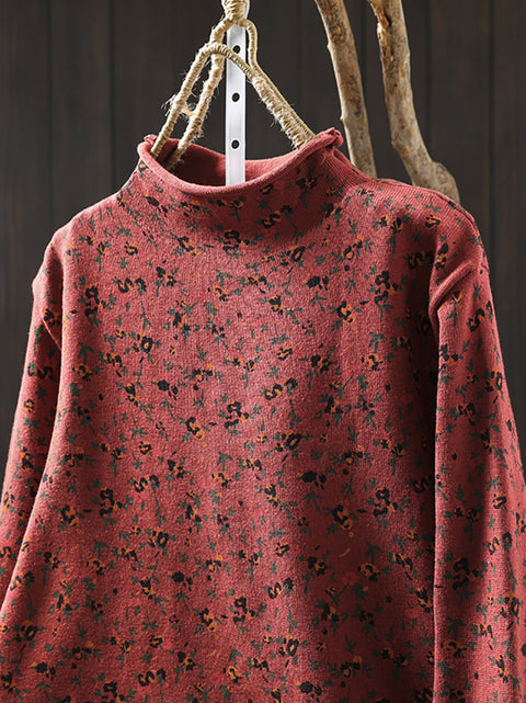 Women Autumn Artsy Floral Half-Turtleneck Knit Sweater