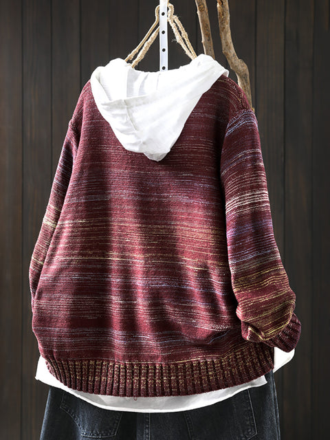 Women Autumn Artsy Stripe Knit O-Neck Sweater