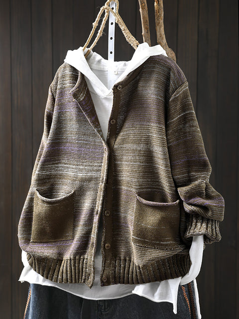 Women Autumn Artsy Stripe Knit O-Neck Sweater