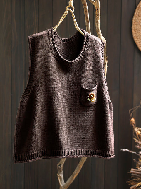 Women Vintage Flower Pocket O-Neck Knit Vest