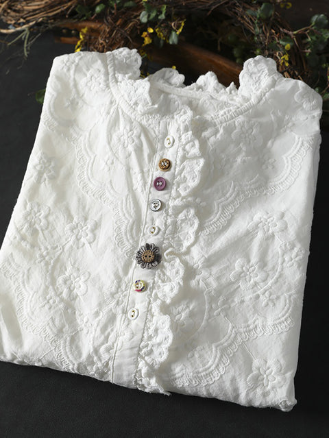 Women Spring Artsy Embroidery Jacquard Cotton Shirt