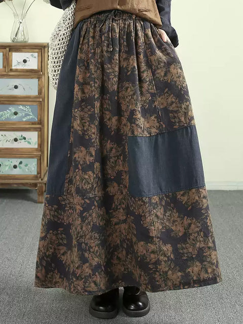 Women Autumn Artsy Flower Patch Spliced Skirt