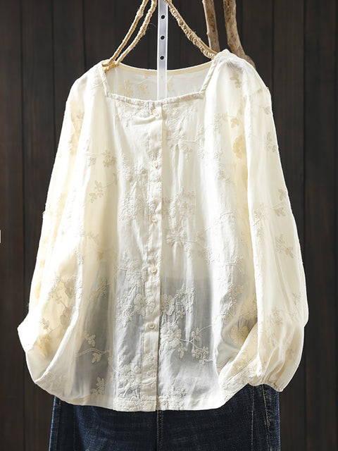 Women Artsy 100%Cotton Embroidery Square Collar Shirt