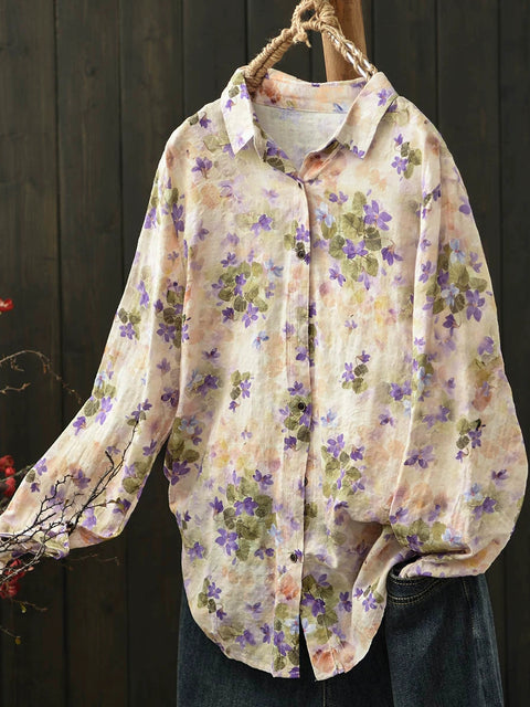 Camisa de algodón con cuello vuelto y estampado floral para mujer para primavera