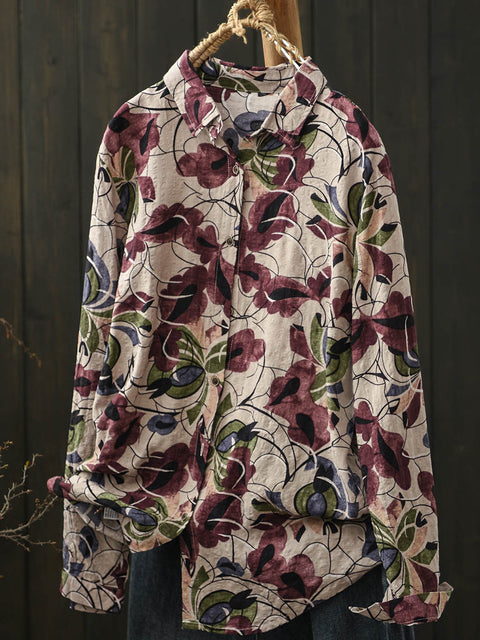 Camisa de algodón con cuello vuelto y estampado floral para mujer para primavera