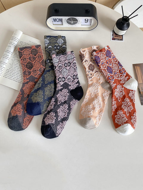 5 pares de calcetines de algodón jacquard con estampado floral artístico para mujer