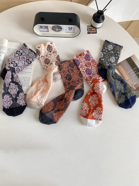 5 pares de calcetines de algodón jacquard con estampado floral artístico para mujer