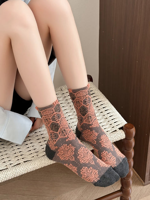 5 pares de calcetines de algodón jacquard con estampado floral artístico para mujer