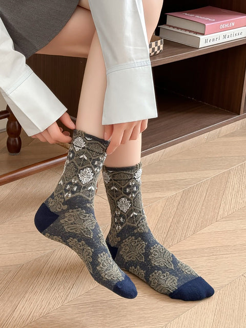 5 pares de calcetines de algodón jacquard con estampado floral artístico para mujer