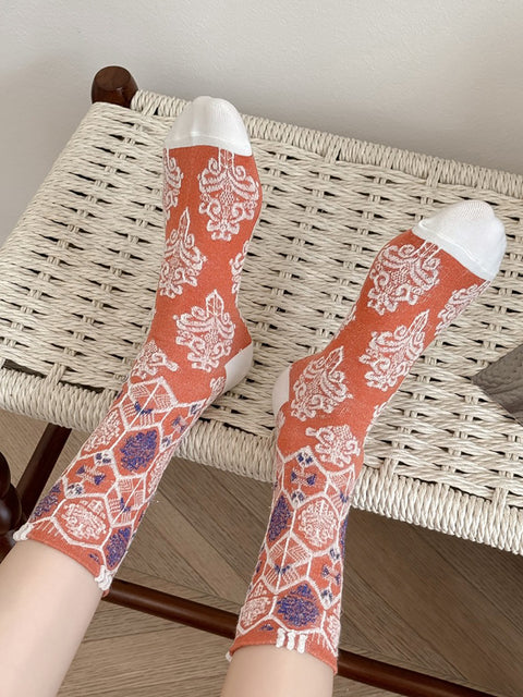 5 pares de calcetines de algodón jacquard con estampado floral artístico para mujer