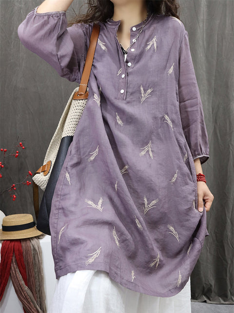 Women Spring O-Neck Embroidery 100%Ramie Long Shirt