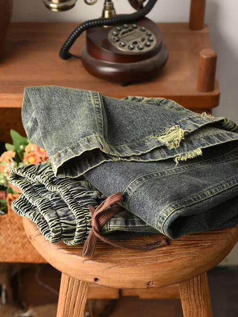 Women Spring Retro Frayed Denim Skirt