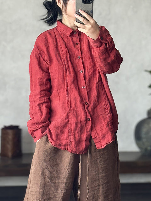 Camisa de lino con cuello vuelto y color puro para mujer para primavera