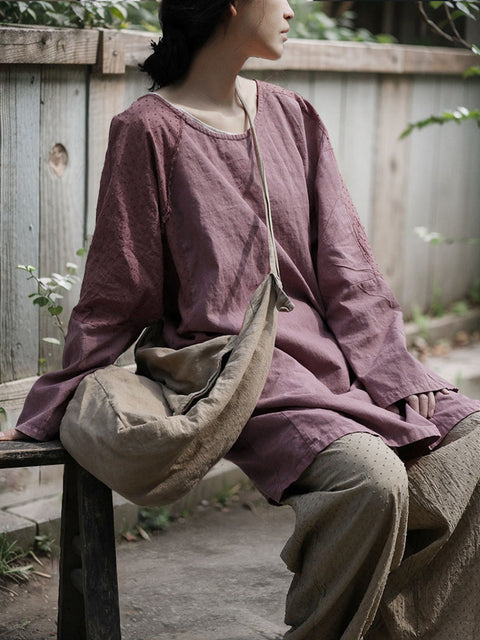 Camisa de lino con cuello redondo y color puro para mujer de primavera