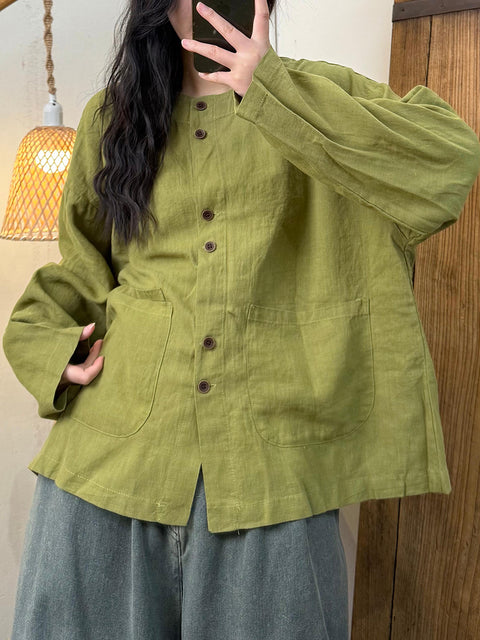 Women Spring Pure Color O-Neck Linen Shirt