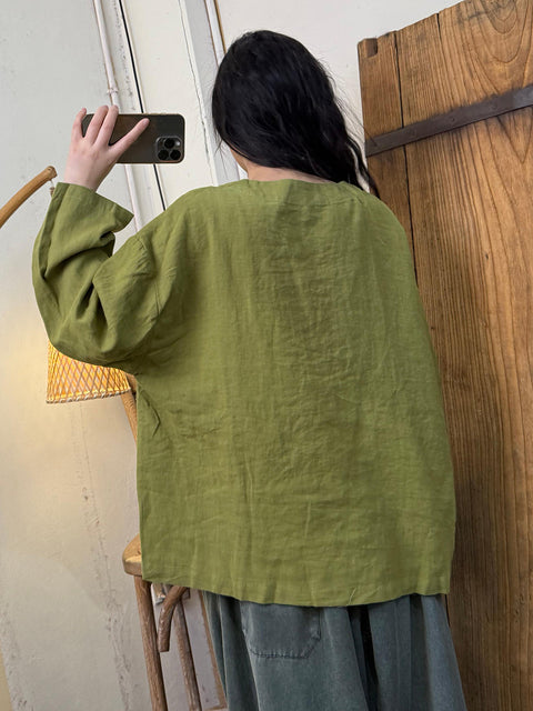 Camisa de lino con cuello redondo y color puro para mujer de primavera