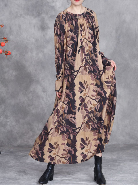 Vestido suelto con cuello redondo y estampado floral artístico para mujer de primavera