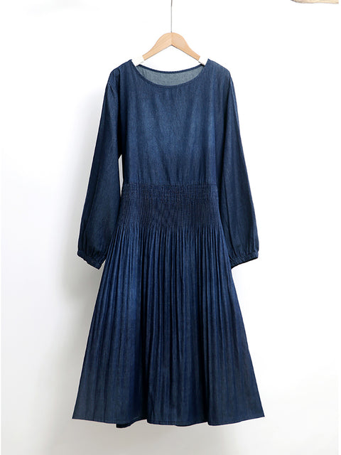 Women Autumn Artsy A-Shape O-Neck Denim Dress