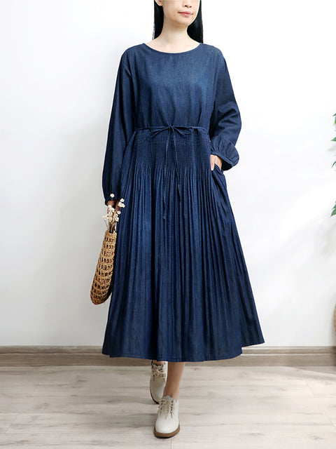 Women Autumn Artsy A-Shape O-Neck Denim Dress