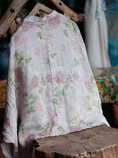 Camisa de lino con cuello alto y estampado étnico de flores para mujer