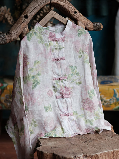 Camisa de lino con cuello alto y estampado étnico de flores para mujer