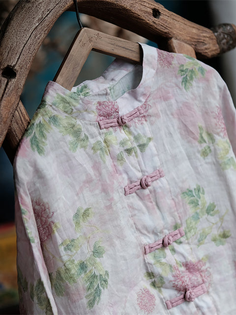 Camisa de lino con cuello alto y estampado étnico de flores para mujer