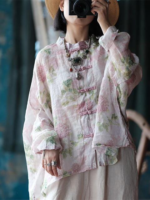 Camisa de lino con cuello alto y estampado étnico de flores para mujer