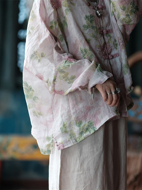 Camisa de lino con cuello alto y estampado étnico de flores para mujer