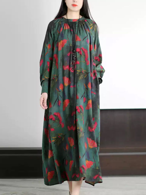 Vestido suelto con cuello redondo y estampado floral artístico para mujer de primavera