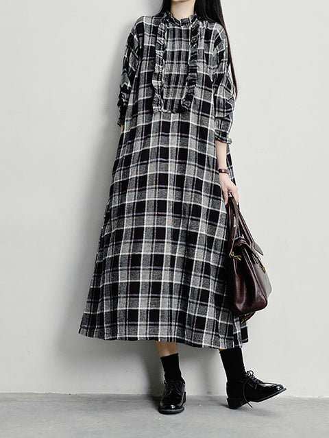 Women Spring Artsy Plaid Ruffle Collar Loose Dress