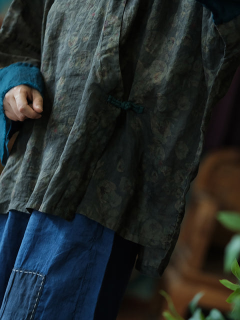 Camisa de lino con cuello alto y estampado étnico para mujer, primavera